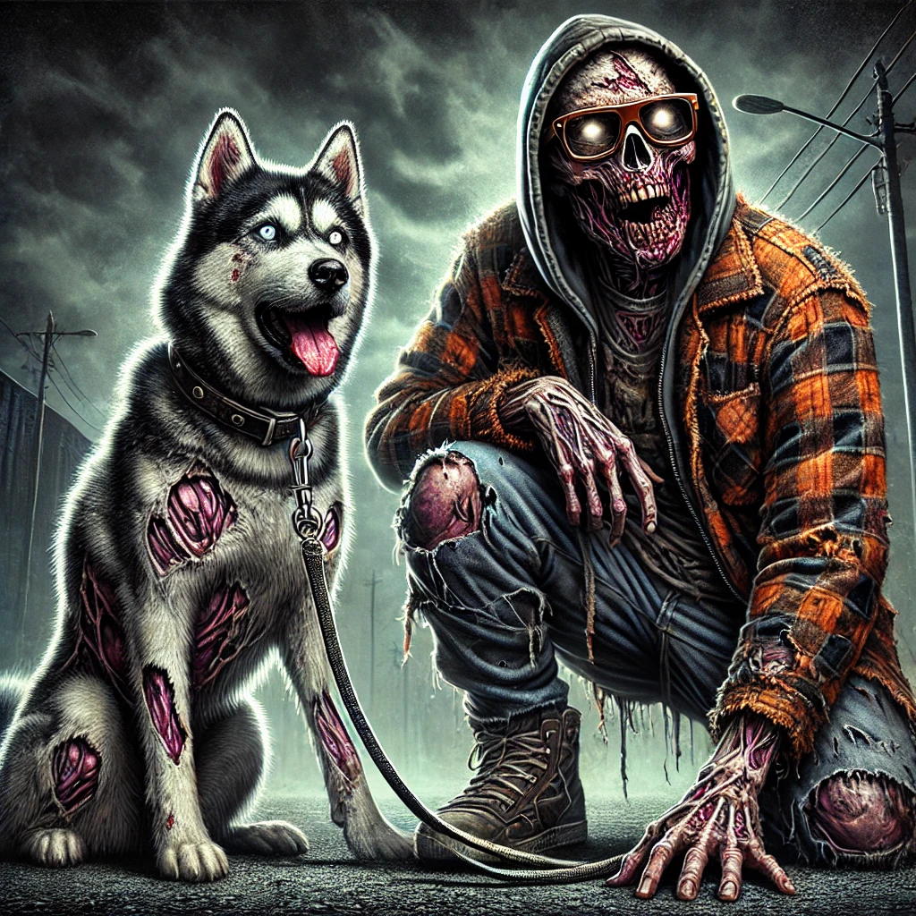 a zombie with his zombie dog