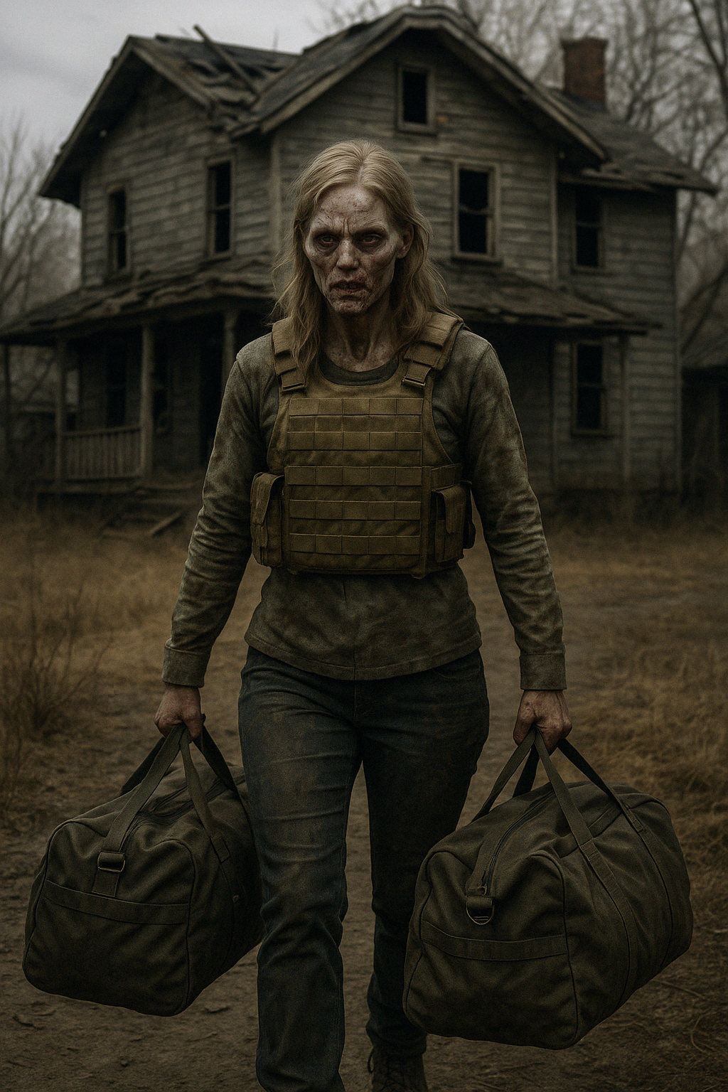 female zombie with duffle bags